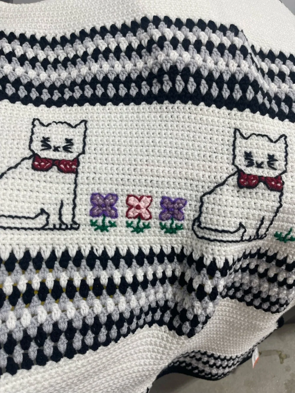 Granny Handmade Crochet Blanket White, Black and Gray Embroidered White Cat